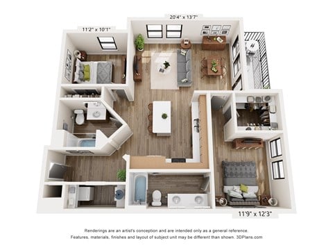 Floor plan for 2 beds, 2 baths, 1119 sqft